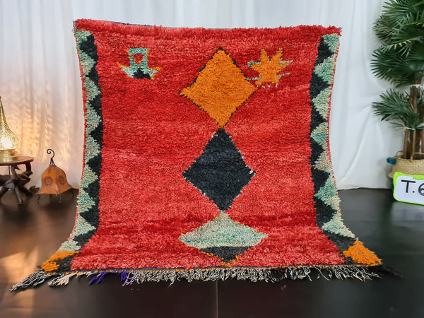 vibrant red rug, moroccan boujad carpet, handmade  rug, geometric authentic carpet, sheep wool rug,berber symbols, bohemian rug