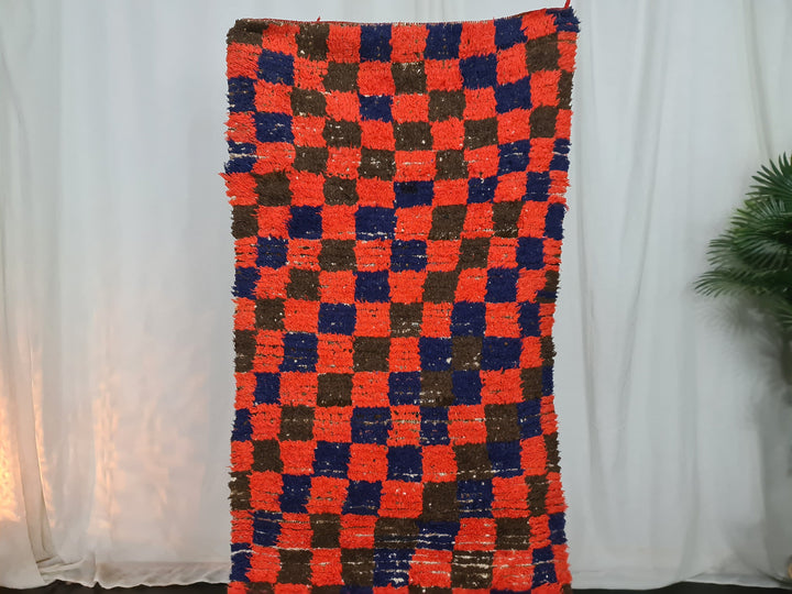  rug, handmade moroccan runner, red  blue berber wool rug, sahara tribal carpet, checkered rug, tapis marocain, teppich marokko