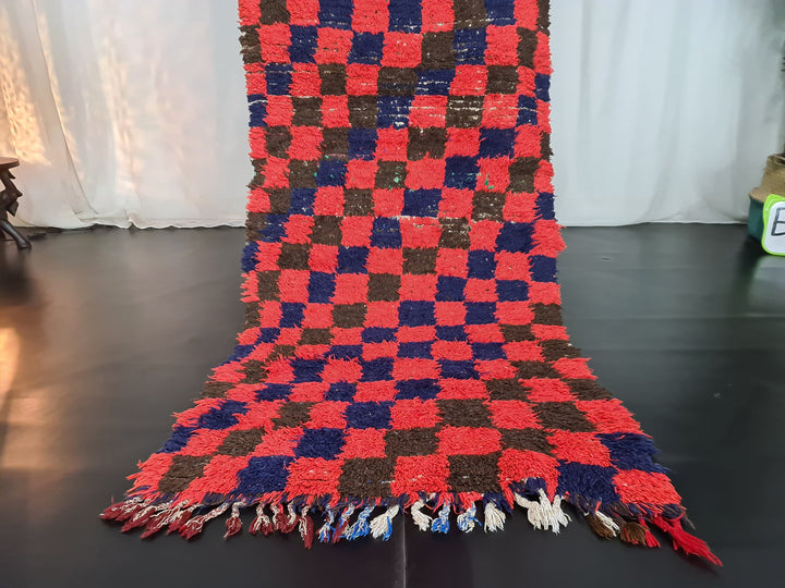  rug, handmade moroccan runner, red  blue berber wool rug, sahara tribal carpet, checkered rug, tapis marocain, teppich marokko