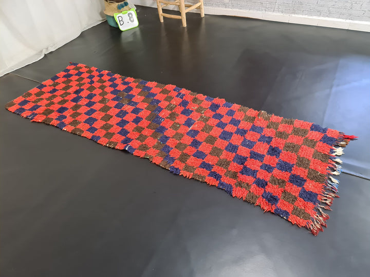  rug, handmade moroccan runner, red  blue berber wool rug, sahara tribal carpet, checkered rug, tapis marocain, teppich marokko