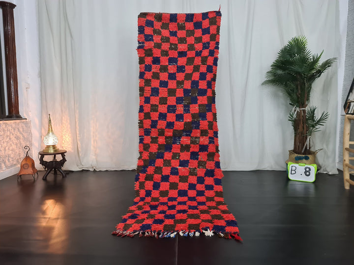  rug, handmade moroccan runner, red  blue berber wool rug, sahara tribal carpet, checkered rug, tapis marocain, teppich marokko