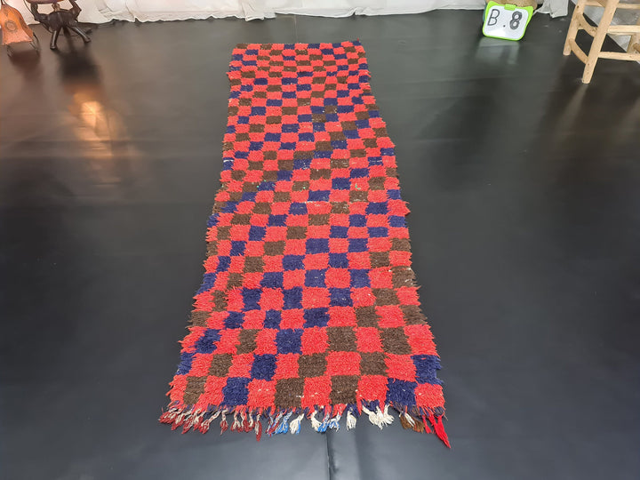  rug, handmade moroccan runner, red  blue berber wool rug, sahara tribal carpet, checkered rug, tapis marocain, teppich marokko