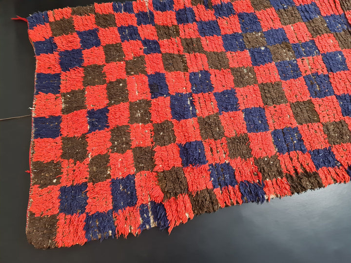  rug, handmade moroccan runner, red  blue berber wool rug, sahara tribal carpet, checkered rug, tapis marocain, teppich marokko