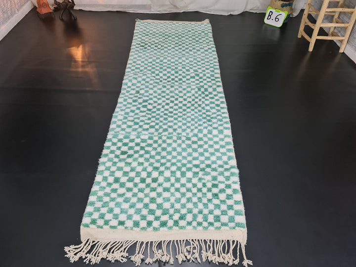 Moroccan Handmade Runner , Checkered Beni Ourain Runner Rug ,Berber Tribal carpet, Bohemian Mint Green and white Runner, Sheep Wool Runner