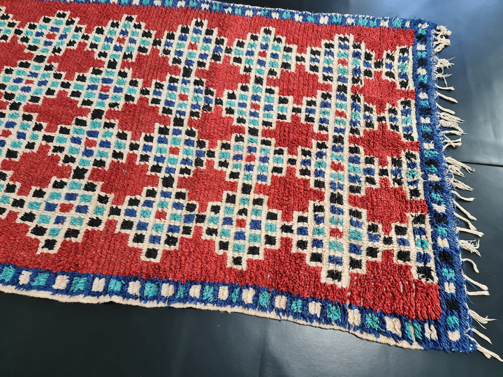 fabulous red  rug, handmade moroccan runner, boujaad berber rug, geometric rug, tribal berber nomad rug