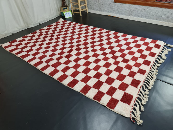 Gorgeous Beni Ourain Rug, Moroccan Handmade Carpet, Tribal Red and White Rug, Berber Wool Rug, Checkered Rug, Tapis berbere