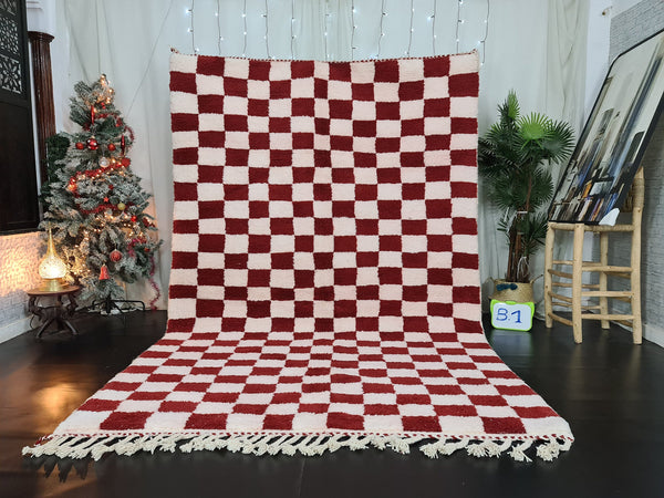 Gorgeous Beni Ourain Rug, Moroccan Handmade Carpet, Tribal Red and White Rug, Berber Wool Rug, Checkered Rug, Tapis berbere