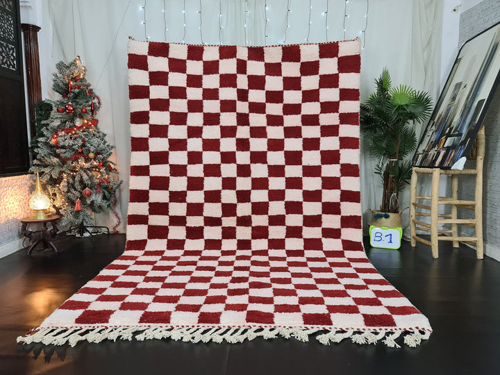 Gorgeous Beni Ourain Rug, Moroccan Handmade Carpet, Tribal Red and White Rug, Berber Wool Rug, Checkered Rug, Tapis berbere