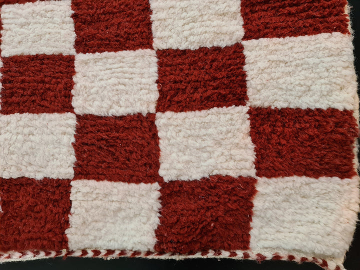 Gorgeous Beni Ourain Rug, Moroccan Handmade Carpet, Tribal Red and White Rug, Berber Wool Rug, Checkered Rug, Tapis berbere