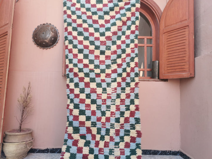 moroccan berber wool checkered runner rug   handwoven moroccan boucherouite berber accent rug  colorful moroccan runner rug