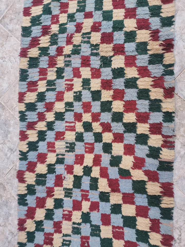 moroccan berber wool checkered runner rug   handwoven moroccan boucherouite berber accent rug  colorful moroccan runner rug