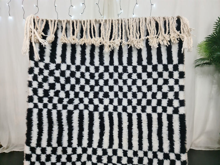 Moroccan Handmade Carpet , Black and white Beni Ourain Rug, Tribal Checkered Rug, Berber Wool Rug, Tapis berbere, Teppish Marokko,