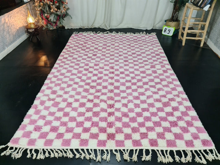 Moroccan Beniourain Checkered Rug  Scandinavian Area Rug  White and Pink Rug  Wool Area Rug  Handmade Wool Rug  Dining Room Decor