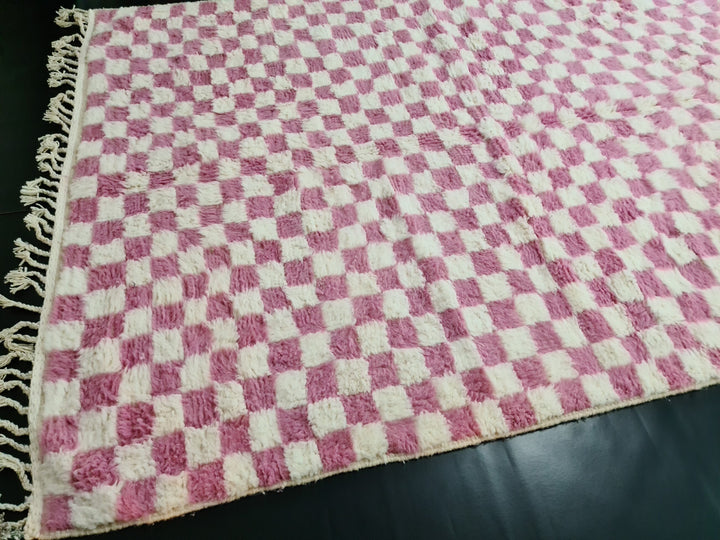 Moroccan Beniourain Checkered Rug  Scandinavian Area Rug  White and Pink Rug  Wool Area Rug  Handmade Wool Rug  Dining Room Decor