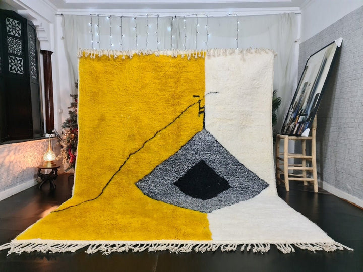 CUSTOM MOROCCAN RUG, Handmade Beni Ourain Rug, Mustard And White Rug, Abstract Rug, Handwoven Wool Rug, Area Rug, Bohemian Rug, Berber Rug .