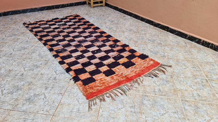 . feet . feet  moroccan berber shaggy runner rug black and orange wool checkered runner rug