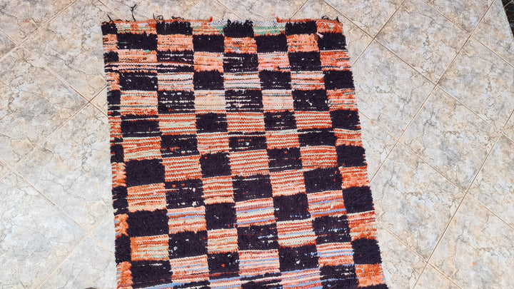 . feet . feet  moroccan berber shaggy runner rug black and orange wool checkered runner rug