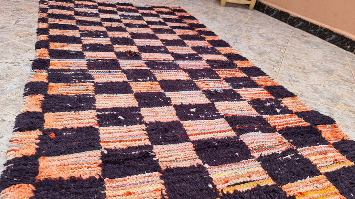 . feet . feet  moroccan berber shaggy runner rug black and orange wool checkered runner rug