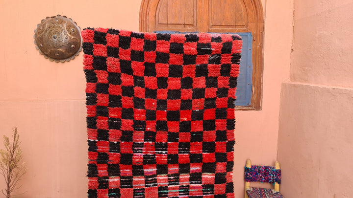 . feet . feet  moroccan berber shaggy runner rug black and red wool checkered runner rug