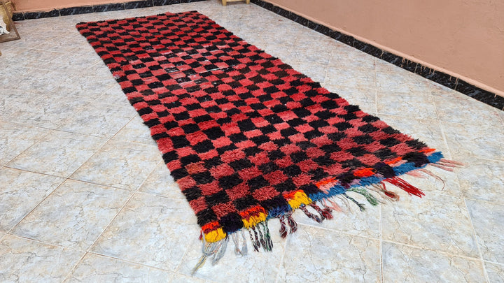 . feet . feet  moroccan berber shaggy runner rug black and red wool checkered runner rug