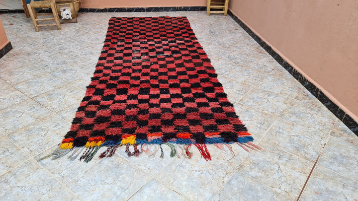 . feet . feet  moroccan berber shaggy runner rug black and red wool checkered runner rug