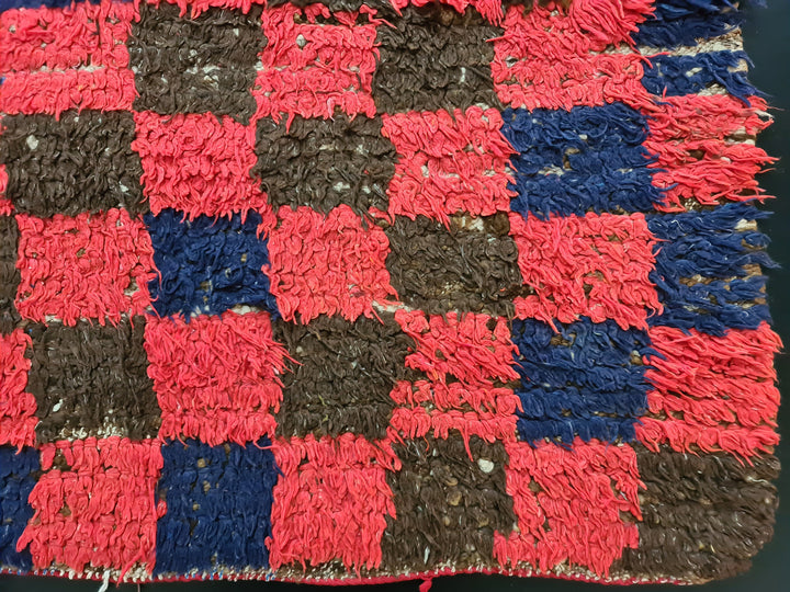  rug, handmade moroccan runner, red  blue berber wool rug, sahara tribal carpet, checkered rug, tapis marocain, teppich marokko