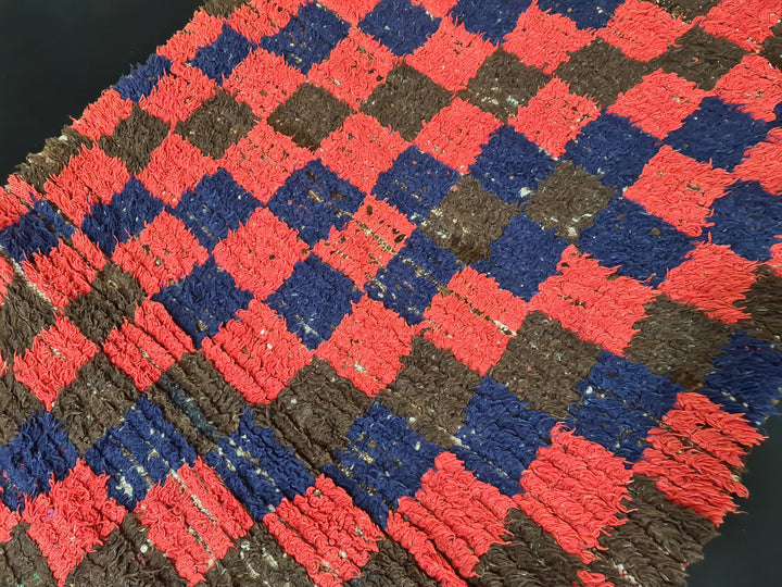  rug, handmade moroccan runner, red  blue berber wool rug, sahara tribal carpet, checkered rug, tapis marocain, teppich marokko