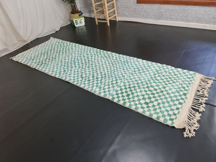 Moroccan Handmade Runner , Checkered Beni Ourain Runner Rug ,Berber Tribal carpet, Bohemian Mint Green and white Runner, Sheep Wool Runner