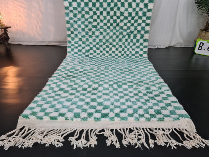 Moroccan Handmade Runner , Checkered Beni Ourain Runner Rug ,Berber Tribal carpet, Bohemian Mint Green and white Runner, Sheep Wool Runner