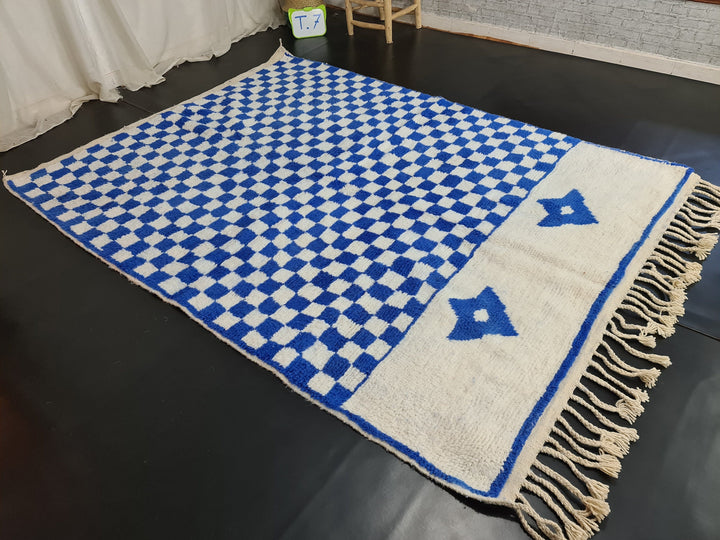 Beni Ourain Rug, Moroccan White  Blue Rug, Authentic Wool Rug, Checkered Carpet, Handmade Sheep Wool Rug, Scandinavian Carpet, Moroccan Rug