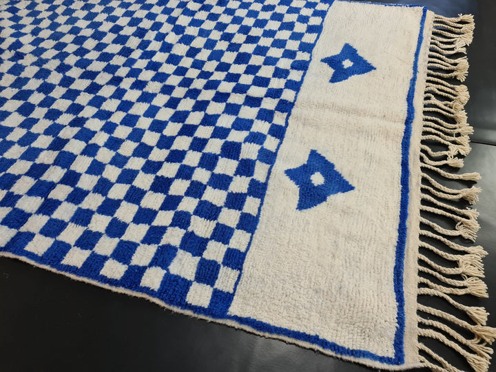 Beni Ourain Rug, Moroccan White  Blue Rug, Authentic Wool Rug, Checkered Carpet, Handmade Sheep Wool Rug, Scandinavian Carpet, Moroccan Rug