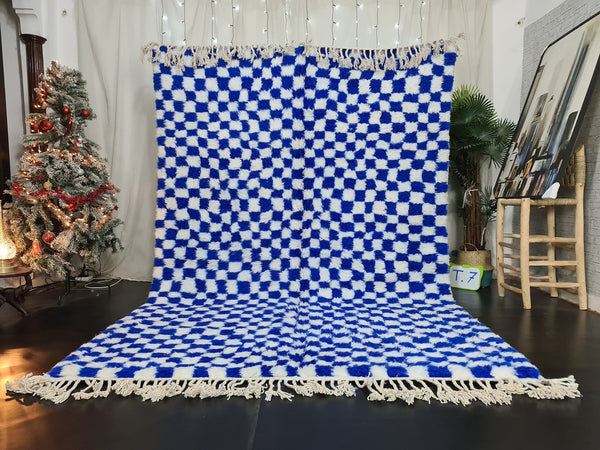 Moroccan Beniourain Checkered Rug  Scandinavian Area Rug  White and Royal Blue Rug  Wool Area Rug  Handmade Wool Rug  Dining Room Decor