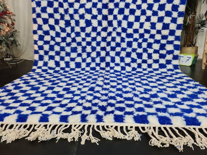 Moroccan Beniourain Checkered Rug  Scandinavian Area Rug  White and Royal Blue Rug  Wool Area Rug  Handmade Wool Rug  Dining Room Decor