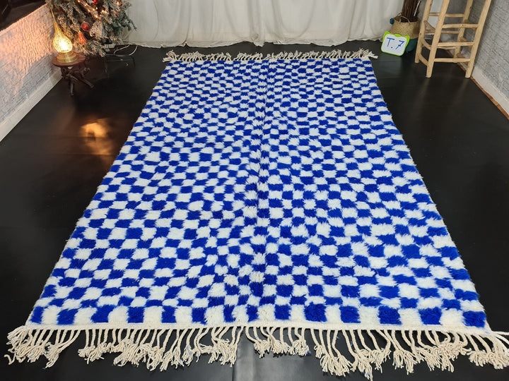 Moroccan Beniourain Checkered Rug  Scandinavian Area Rug  White and Royal Blue Rug  Wool Area Rug  Handmade Wool Rug  Dining Room Decor