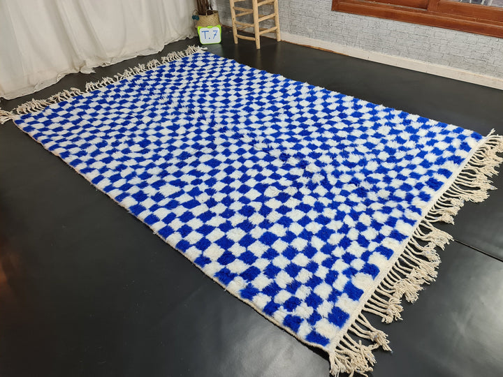 Moroccan Beniourain Checkered Rug  Scandinavian Area Rug  White and Royal Blue Rug  Wool Area Rug  Handmade Wool Rug  Dining Room Decor