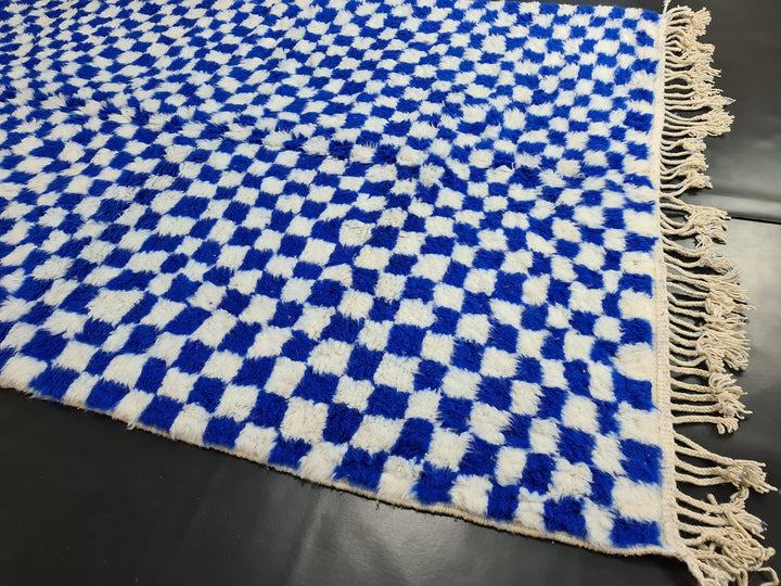 Moroccan Beniourain Checkered Rug  Scandinavian Area Rug  White and Royal Blue Rug  Wool Area Rug  Handmade Wool Rug  Dining Room Decor