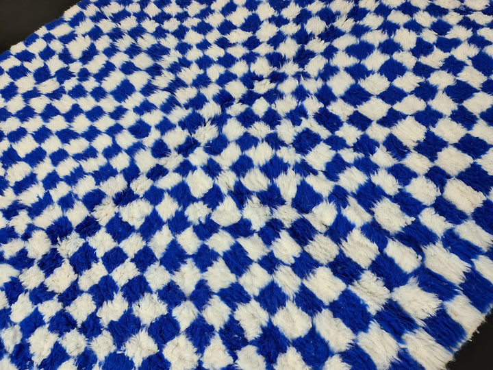 Moroccan Beniourain Checkered Rug  Scandinavian Area Rug  White and Royal Blue Rug  Wool Area Rug  Handmade Wool Rug  Dining Room Decor