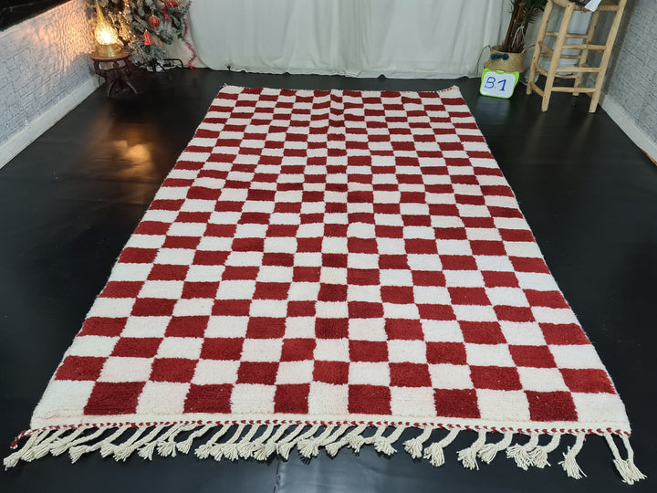 Gorgeous Beni Ourain Rug, Moroccan Handmade Carpet, Tribal Red and White Rug, Berber Wool Rug, Checkered Rug, Tapis berbere