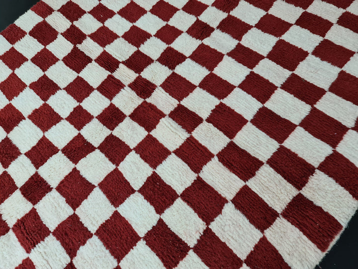 Gorgeous Beni Ourain Rug, Moroccan Handmade Carpet, Tribal Red and White Rug, Berber Wool Rug, Checkered Rug, Tapis berbere