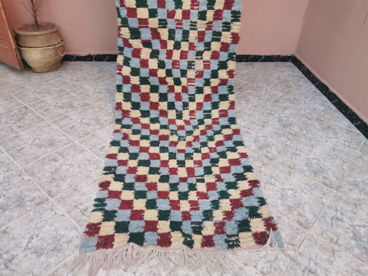 moroccan berber wool checkered runner rug   handwoven moroccan boucherouite berber accent rug  colorful moroccan runner rug