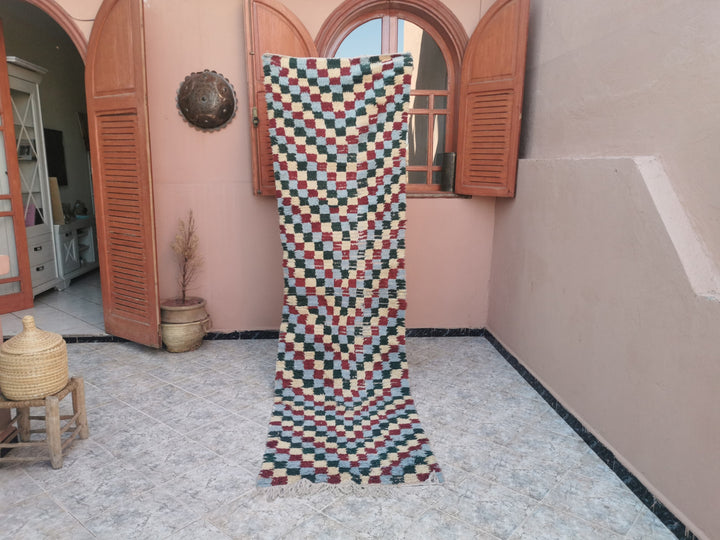 moroccan berber wool checkered runner rug   handwoven moroccan boucherouite berber accent rug  colorful moroccan runner rug