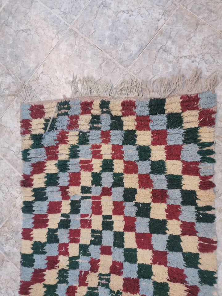 moroccan berber wool checkered runner rug   handwoven moroccan boucherouite berber accent rug  colorful moroccan runner rug