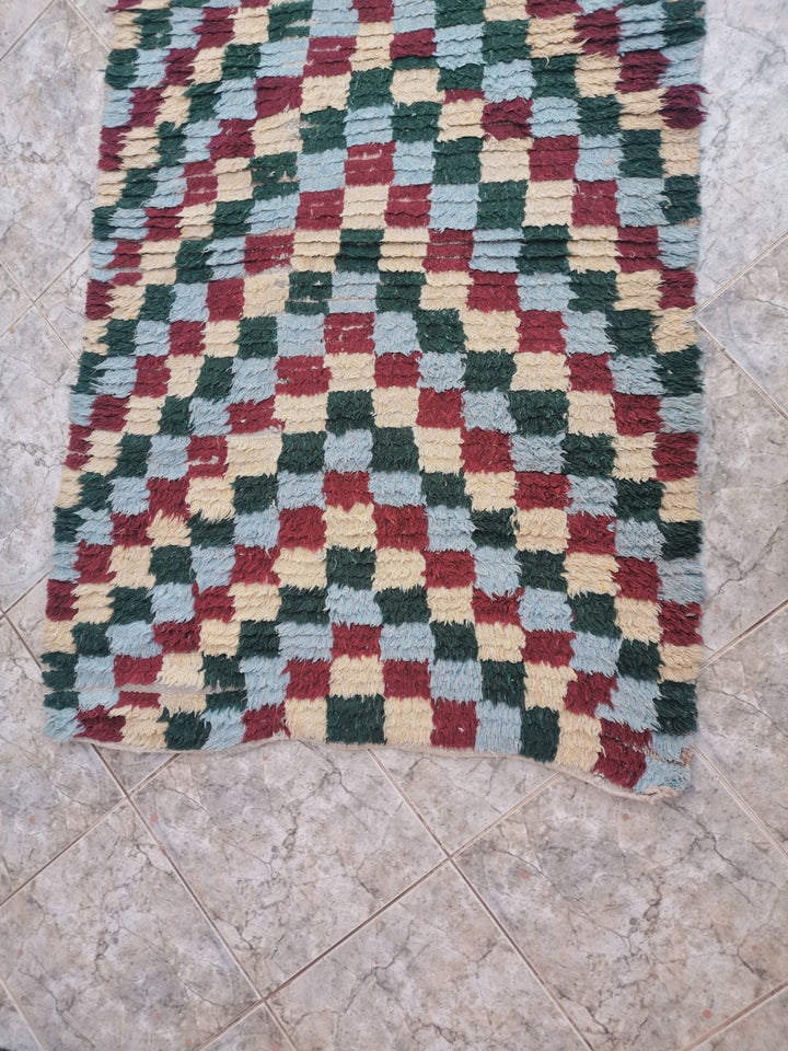 moroccan berber wool checkered runner rug   handwoven moroccan boucherouite berber accent rug  colorful moroccan runner rug