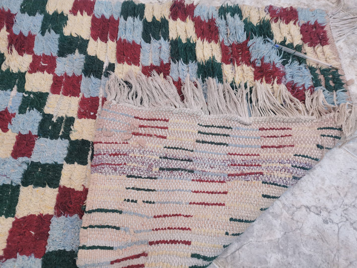 moroccan berber wool checkered runner rug   handwoven moroccan boucherouite berber accent rug  colorful moroccan runner rug