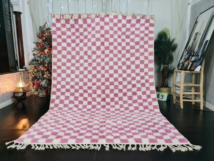 Moroccan Beniourain Checkered Rug  Scandinavian Area Rug  White and Pink Rug  Wool Area Rug  Handmade Wool Rug  Dining Room Decor