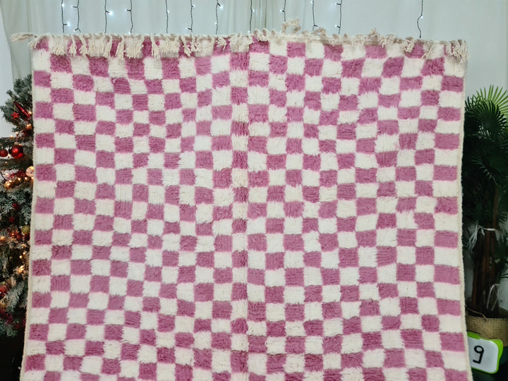 Moroccan Beniourain Checkered Rug  Scandinavian Area Rug  White and Pink Rug  Wool Area Rug  Handmade Wool Rug  Dining Room Decor