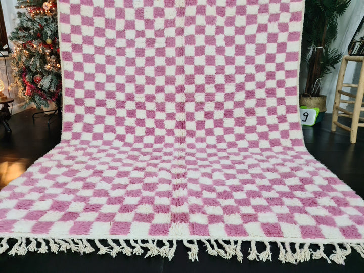 Moroccan Beniourain Checkered Rug  Scandinavian Area Rug  White and Pink Rug  Wool Area Rug  Handmade Wool Rug  Dining Room Decor