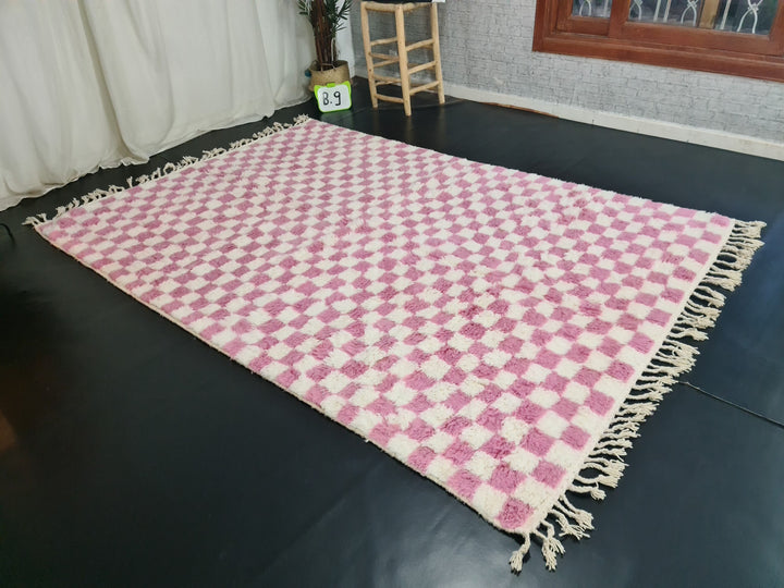 Moroccan Beniourain Checkered Rug  Scandinavian Area Rug  White and Pink Rug  Wool Area Rug  Handmade Wool Rug  Dining Room Decor