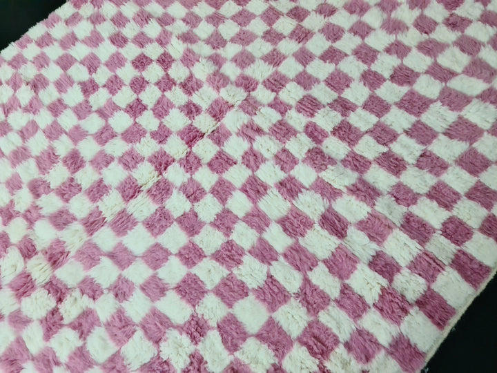 Moroccan Beniourain Checkered Rug  Scandinavian Area Rug  White and Pink Rug  Wool Area Rug  Handmade Wool Rug  Dining Room Decor