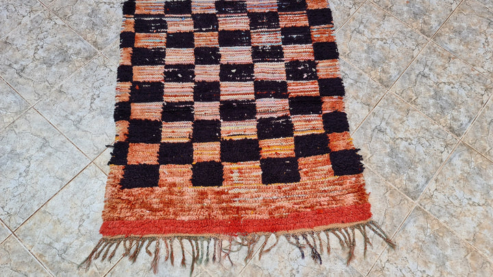 . feet . feet  moroccan berber shaggy runner rug black and orange wool checkered runner rug